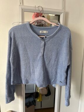 Hollister Light Blue Cropped Henley Knit Top
